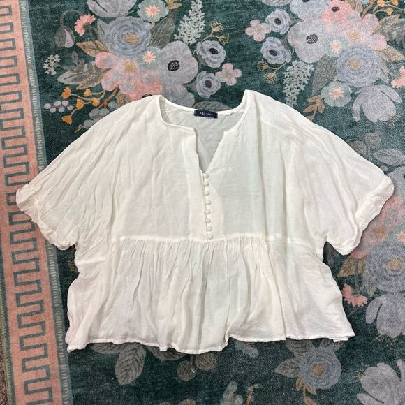 KLD white Flowy Oversized Blouse Large Short Flutter Sleeves Button Up Womens - Picture 4 of 11